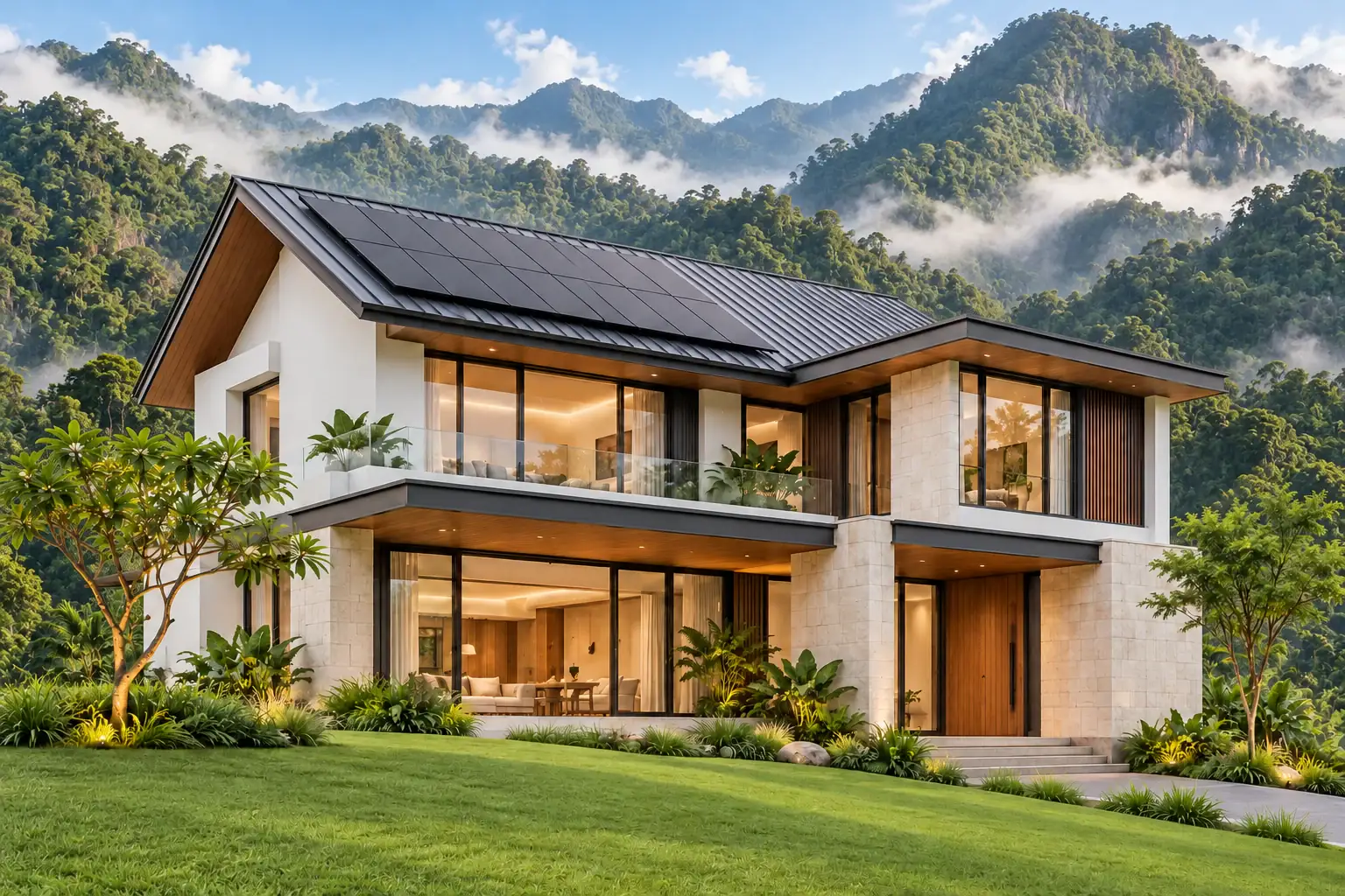 Concept image: a modern two-storey house with rooftop solar panels in deep mountain rainforest
