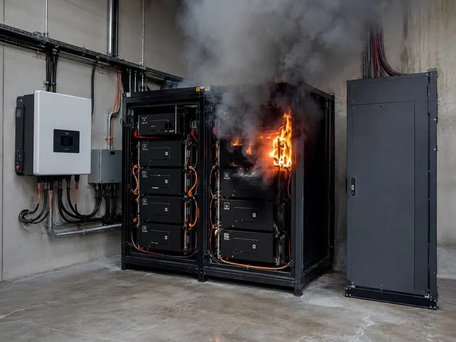 Illustration: a battery cabinet on fire in a garage or warehouse