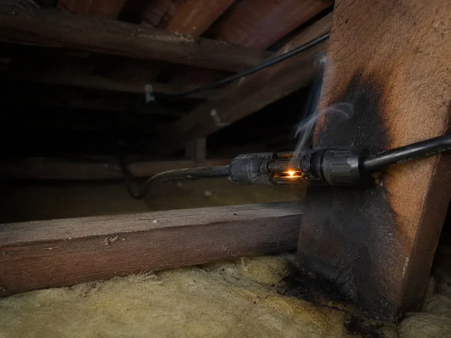 Illustration: a scorched cable connector smouldering against a timber beam in a roof space