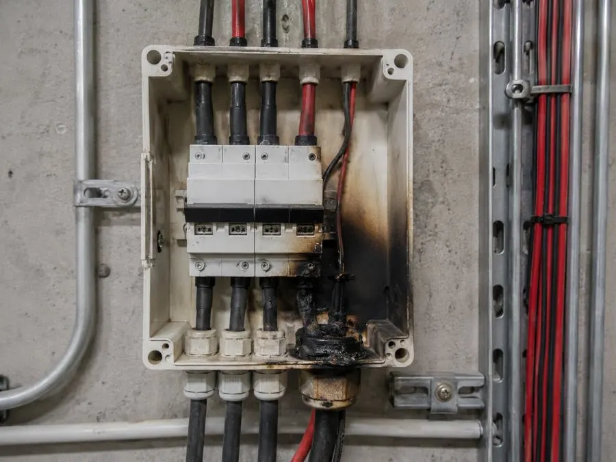 Illustration: a DC switch box with scorch marks and melted cable insulation