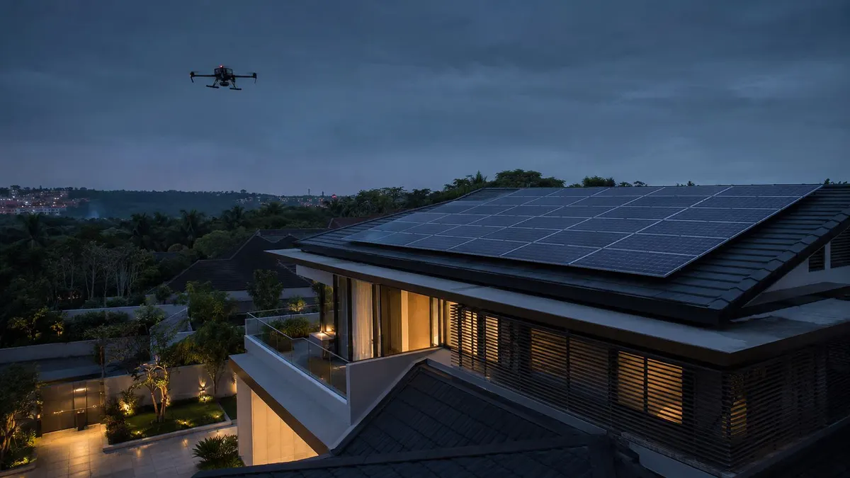 Illustration: a drone flying over a house with rooftop solar panels at dusk
