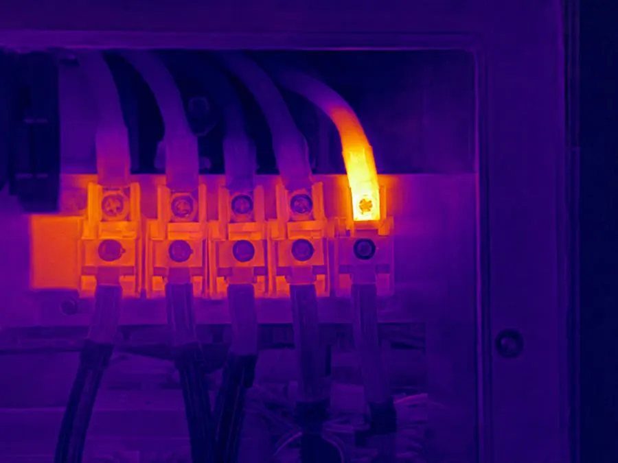 Illustration: thermal image of a terminal block where one connection glows much hotter than the others