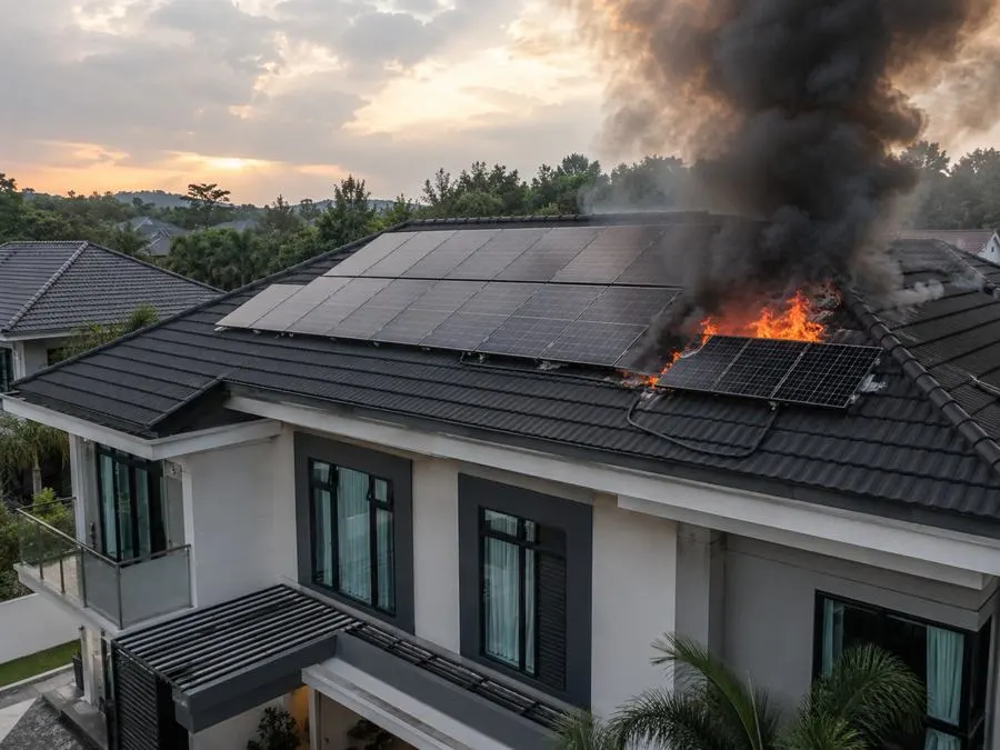Illustration: flames and smoke rising from a solar array on a house roof