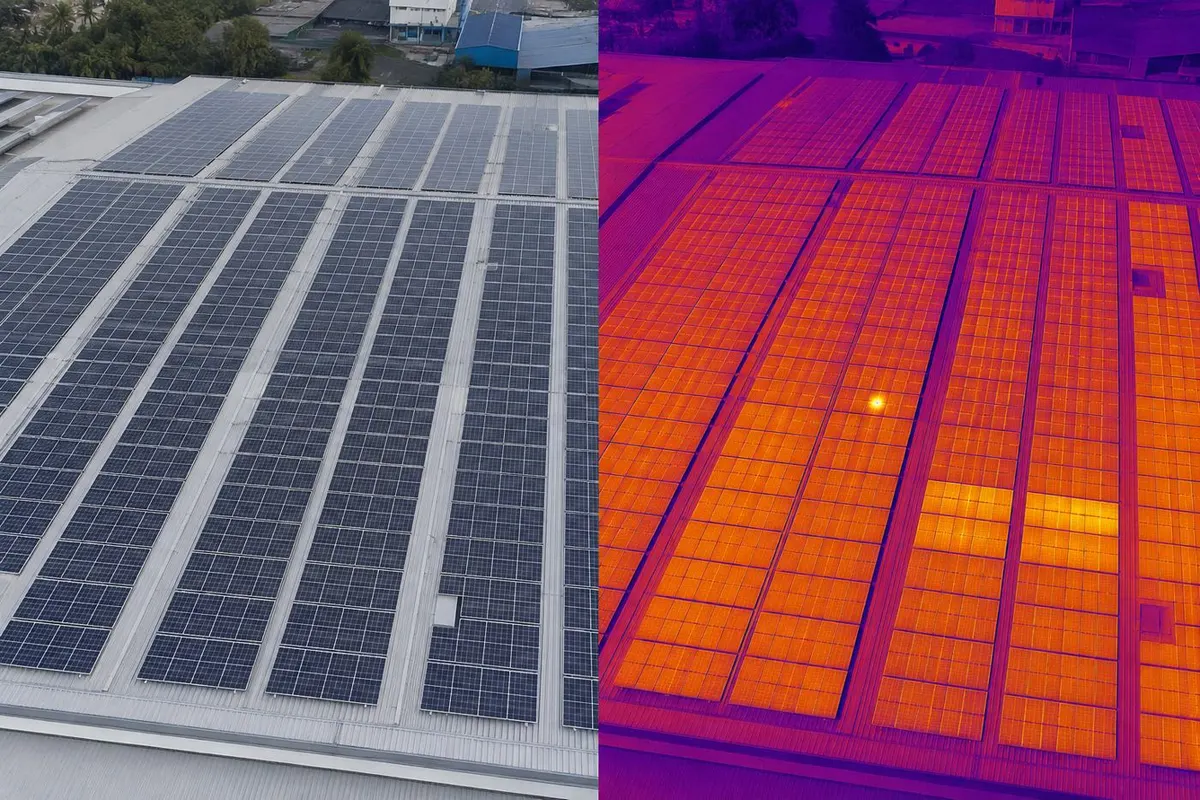 Illustration: the same solar roof as a normal photo and as a thermal image, where a few spots stand out as hotter
