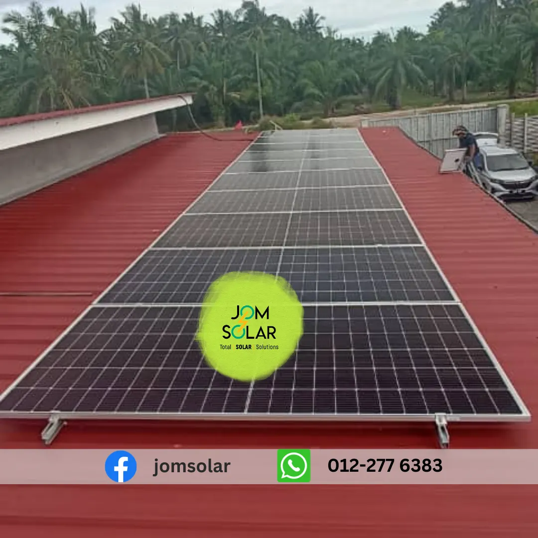 Off-grid solar array on a red metal roof