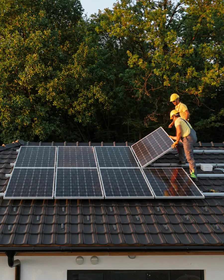 Illustration: two installers in hard hats fitting solar panels on a tiled roof